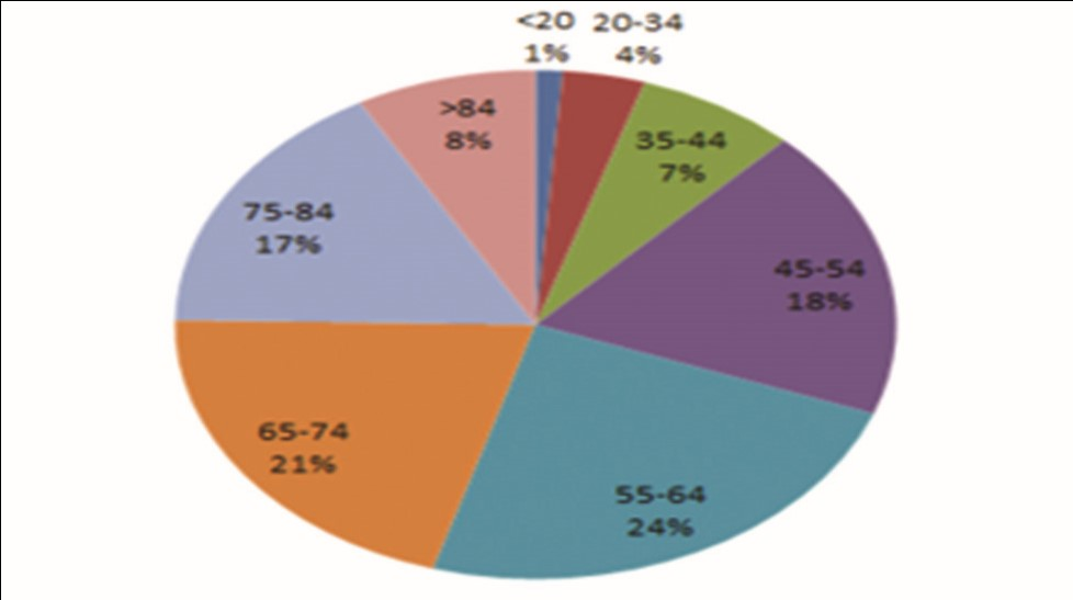 Fig. 2 Percentage of ovarian cancer cases diagnosed by age group (in years).