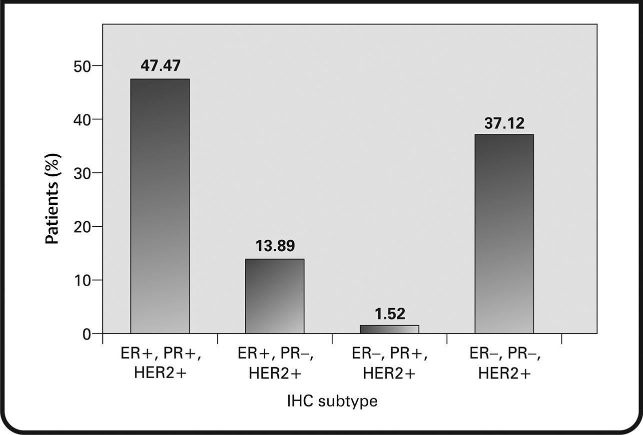 Fig. 8 Immunohistological subtypes distribution of tumors. ER, estrogen receptor; HER2+, human epidermal growth factor receptor 2+; IHC, immunohistochemistry; PR, progesterone receptor.