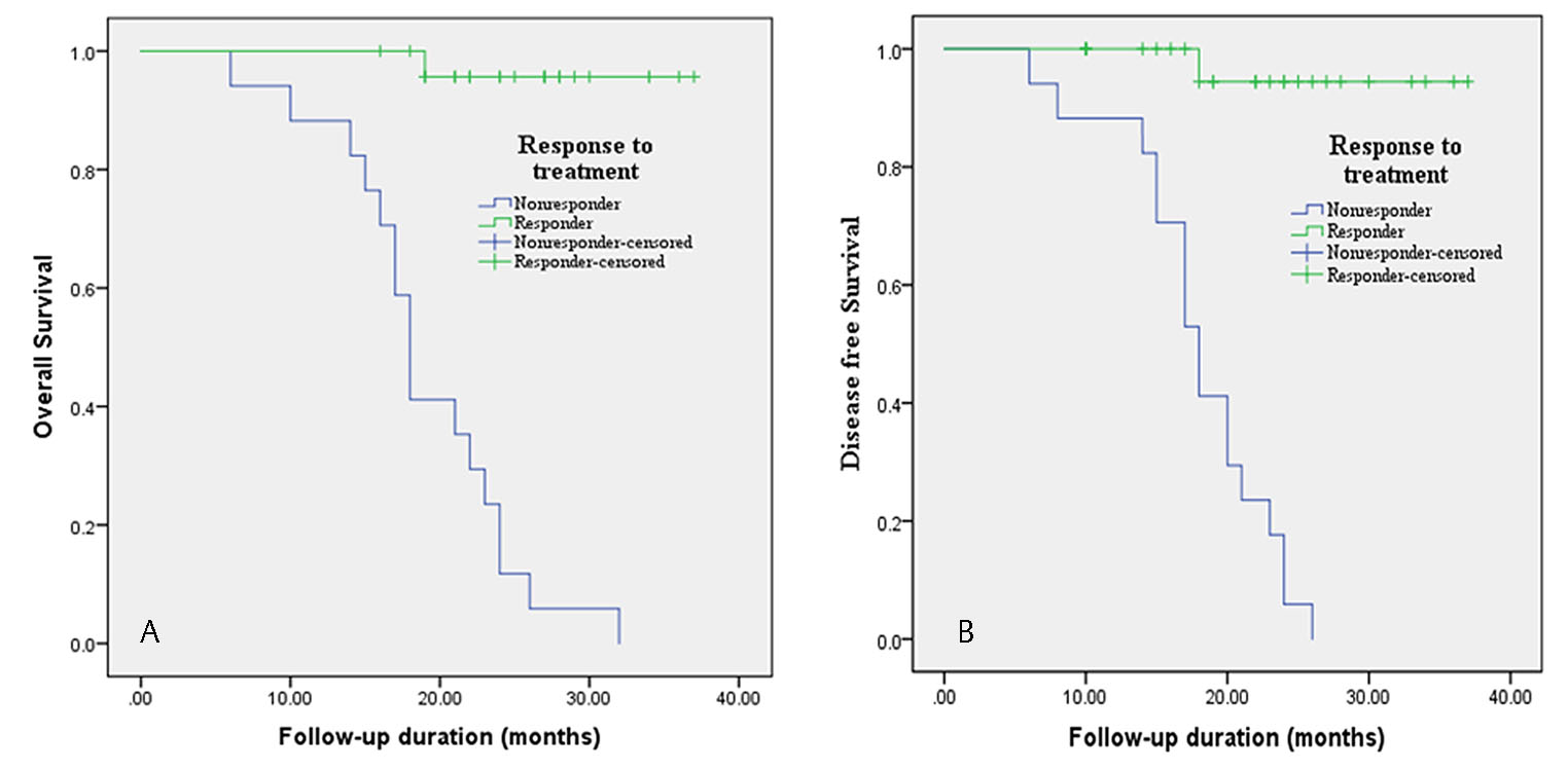 Fig. 4 Survival analysis with respect to treatment.(A) Kaplan–Meier overall survival curve in correlation with response to chemoradiotherapy treatment. (B) Kaplan–Meier disease-free survival curve in correlation with response to chemoradiotherapy treatment.