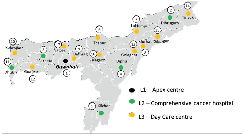 Geographical location of Assam Cancer Care Foundation cancer hospitals.